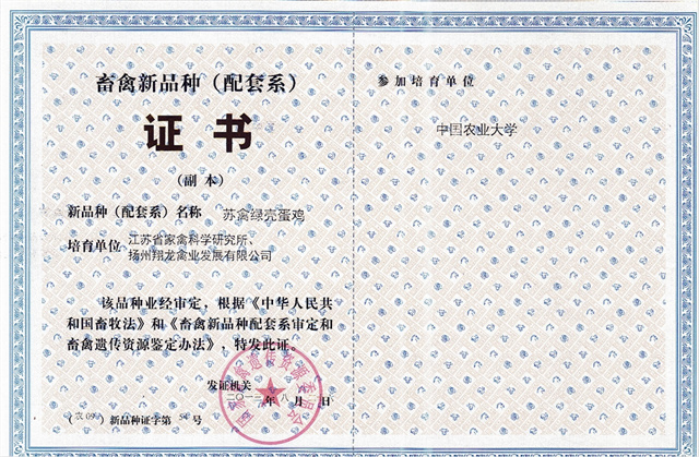 苏禽绿壳蛋鸡证书